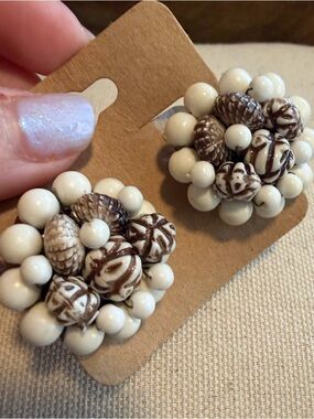 Cream and Brown Bead Cluster Clip On Earrings